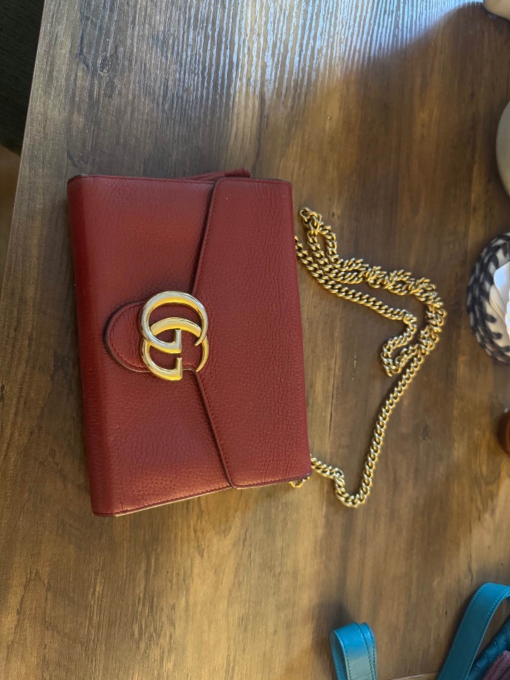 Gucci Pre-Loved Red Leather GG Marmont Wallet On Chain (WOC) Mini, Red